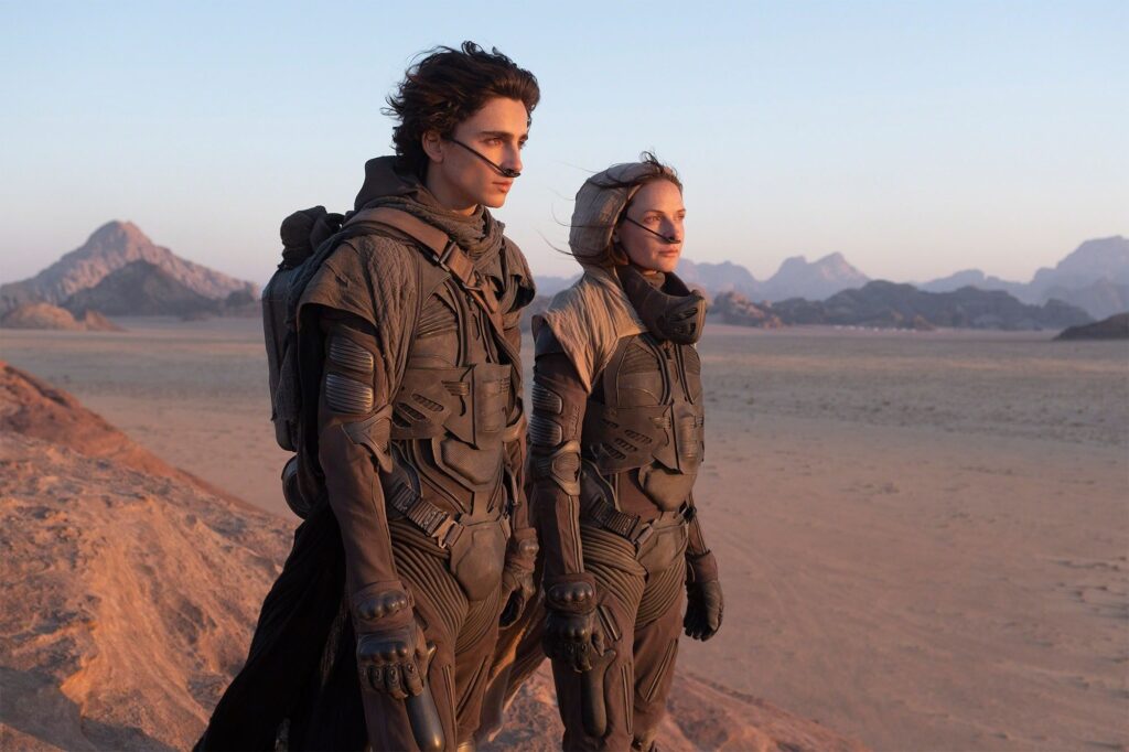 Timothée Chalamet and Rebecca Ferguson in a scene from "Dune."